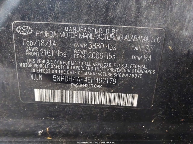 46041357 :رقم المزاد ، 5NPDH4AE4EH492179 vin ، 2014 Hyundai Elantra Se مزاد بيع