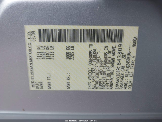 46041367 :رقم المزاد ، 1N4AA51E89C843809 vin ، 2009 Nissan Maxima 3.5 S مزاد بيع