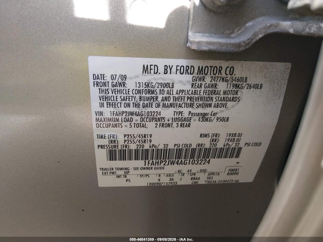 Продаж на аукціоні авто 2010 Ford Taurus Limited, vin: 1FAHP2JW4AG103224, номер лоту: 46041389