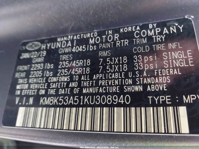 2019 Hyundai Kona Iron Man მანქანა იყიდება აუქციონზე, vin: KM8K53A51KU308940, აუქციონის ნომერი: 46041410