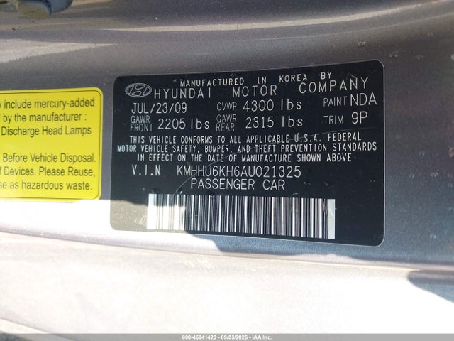Продаж на аукціоні авто 2010 Hyundai Genesis 3.8 Track, vin: KMHHU6KH6AU021325, номер лоту: 46041420