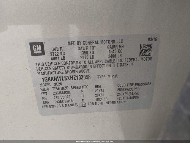 Продаж на аукціоні авто 2017 Gmc Acadia Slt-2, vin: 1GKKNWLSXHZ103058, номер лоту: 46041428