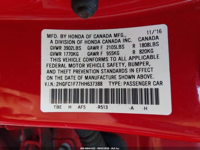 46041433 :رقم المزاد ، 2HGFC1F77HH637388 vin ، 2017 Honda Civic Ex-l مزاد بيع