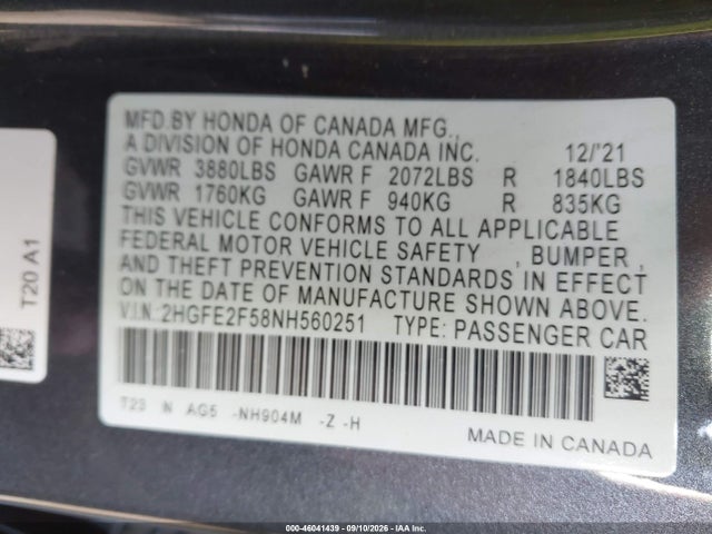 Honda Civic Sport 2022 2HGFE2F58NH560251 Image 9