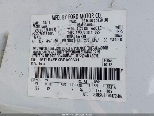 2011 Ford Ranger Super Cab მანქანა იყიდება აუქციონზე, vin: 1FTLR4FEXBPA90331, აუქციონის ნომერი: 46041442