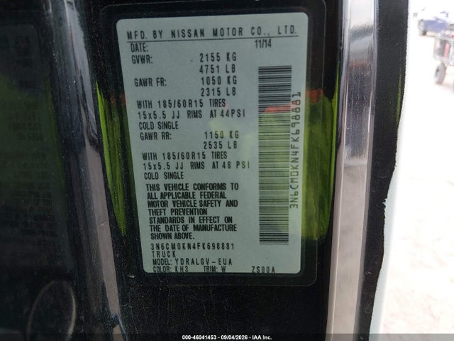 46041453 :رقم المزاد ، 3N6CM0KN4FK698881 vin ، 2015 Nissan Nv200 Sv مزاد بيع