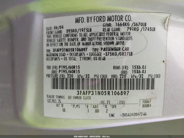 Продаж на аукціоні авто 2005 Ford Focus Zx3, vin: 3FAFP31N05R106897, номер лоту: 46041455