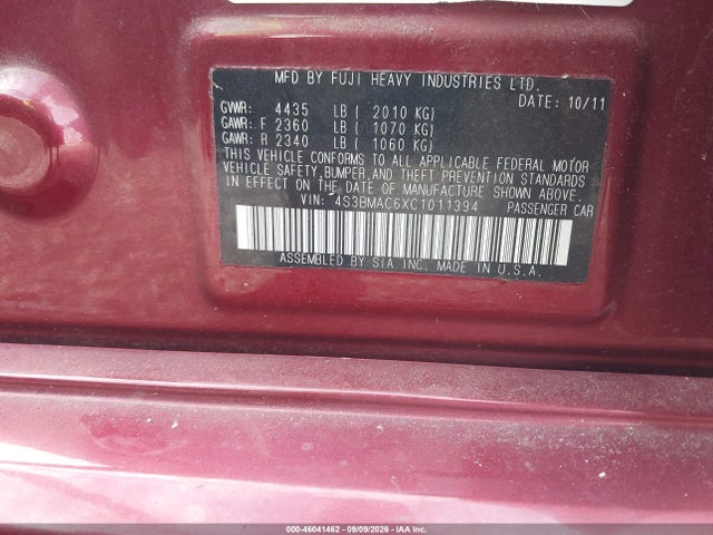 Aukcja sprzedaży 2012 Subaru Legacy 2.5i Premium, vin: 4S3BMAC6XC1011394, numer aukcji: 46041462