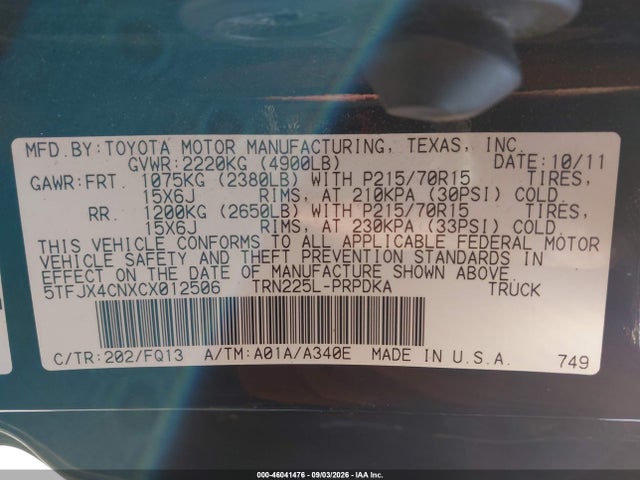 2012 Toyota Tacoma მანქანა იყიდება აუქციონზე, vin: 5TFJX4CNXCX012506, აუქციონის ნომერი: 46041476