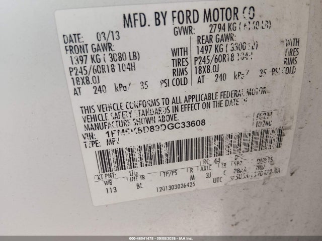 46041478 :رقم المزاد ، 1FM5K8D89DGC33608 vin ، 2013 Ford Explorer Xlt مزاد بيع