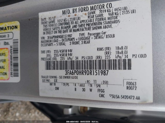 46041482 :رقم المزاد ، 3FA6P0HR9DR151987 vin ، 2013 Ford Fusion Se مزاد بيع