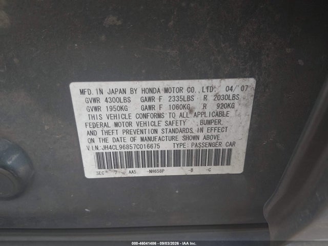 2007 Acura Tsx მანქანა იყიდება აუქციონზე, vin: JH4CL96857C016675, აუქციონის ნომერი: 46041486