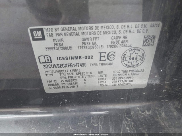 2015 Chevrolet Silverado 1500 1lz/2lz მანქანა იყიდება აუქციონზე, vin: 3GCUKSECXFG147490, აუქციონის ნომერი: 46041493