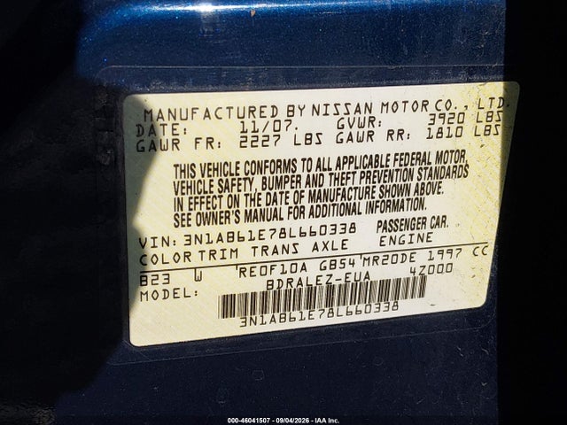 Продажа на аукционе авто 2008 Nissan Sentra 2.0s, vin: 3N1AB61E78L660338, номер лота: 46041507