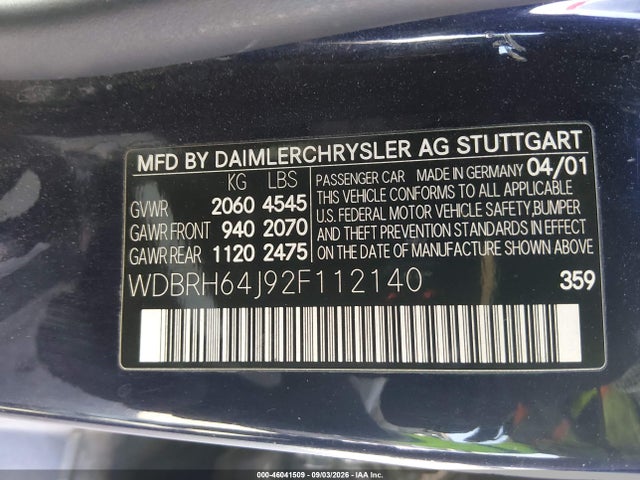 Aukcja sprzedaży 2002 Mercedes-benz C 320, vin: WDBRH64J92F112140, numer aukcji: 46041509