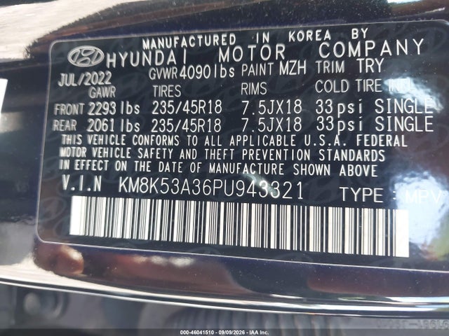 2023 Hyundai Kona Limited მანქანა იყიდება აუქციონზე, vin: KM8K53A36PU943321, აუქციონის ნომერი: 46041510