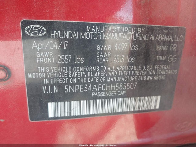 Aukcja sprzedaży 2017 Hyundai Sonata Sport, vin: 5NPE34AF0HH585507, numer aukcji: 46041514