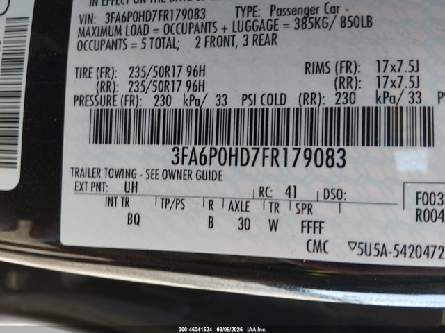 Ford FUSION SE 2015 3FA6P0HD7FR179083 Image 9