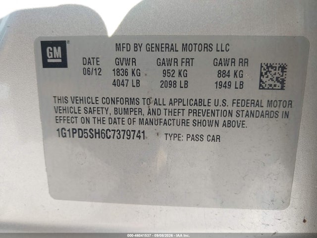 46041537 :رقم المزاد ، 1G1PD5SH6C7379741 vin ، 2012 Chevrolet Cruze Ls مزاد بيع