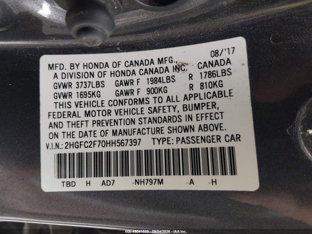 46041539 :رقم المزاد ، 2HGFC2F70HH567397 vin ، 2017 Honda Civic Ex مزاد بيع