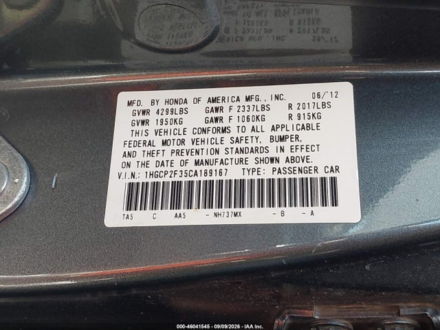 2012 Honda Accord 2.4 Lx მანქანა იყიდება აუქციონზე, vin: 1HGCP2F35CA189167, აუქციონის ნომერი: 46041545