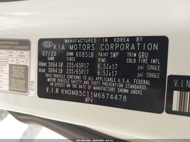 Продаж на аукціоні авто 2021 Kia Sedona Lx, vin: KNDMB5C11M6674478, номер лоту: 46041585