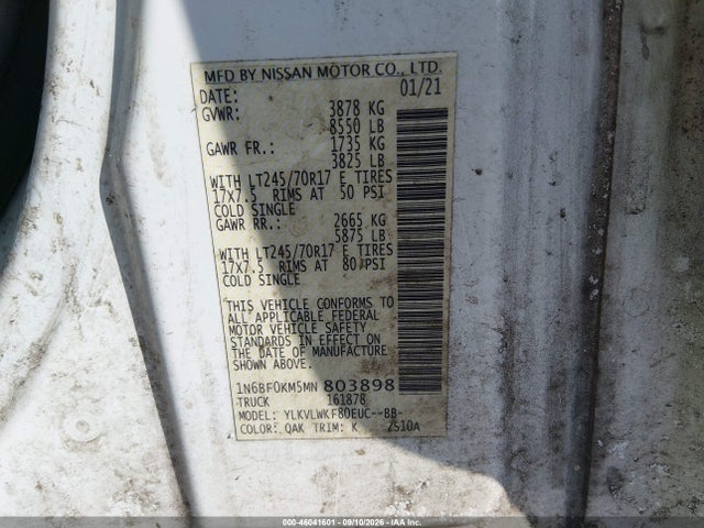Продаж на аукціоні авто 2021 Nissan Nv Cargo Nv1500 S Standard Roof V6, vin: 1N6BF0KM5MN803898, номер лоту: 46041601
