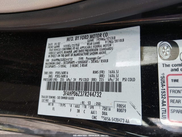 46041604 :رقم المزاد ، 3FAHP06Z37R244732 vin ، 2007 Ford Fusion S مزاد بيع