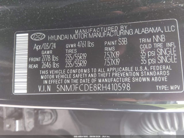 Aukcja sprzedaży 2024 Hyundai Tucson Sel, vin: 5NMJFCDE8RH410598, numer aukcji: 46041608