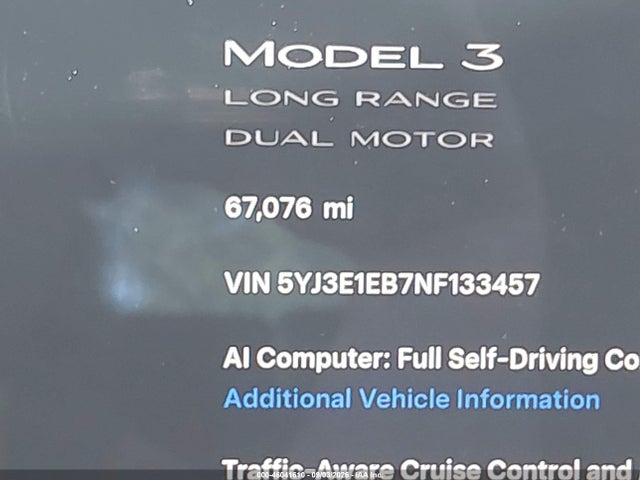 2022 Tesla Model 3 Long Range Dual Motor All-wheel Drive მანქანა იყიდება აუქციონზე, vin: 5YJ3E1EB7NF133457, აუქციონის ნომერი: 46041610