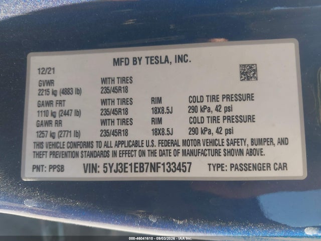 2022 Tesla Model 3 Long Range Dual Motor All-wheel Drive მანქანა იყიდება აუქციონზე, vin: 5YJ3E1EB7NF133457, აუქციონის ნომერი: 46041610