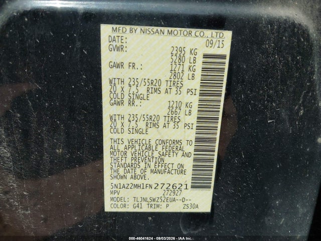 2015 Nissan Murano Platinum მანქანა იყიდება აუქციონზე, vin: 5N1AZ2MH1FN272621, აუქციონის ნომერი: 46041624