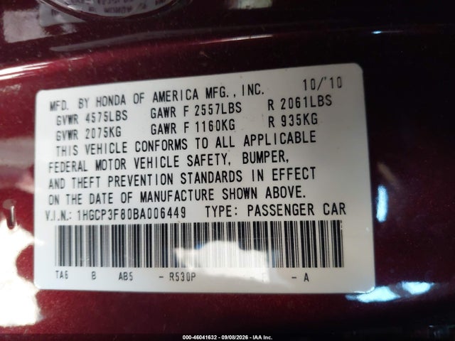 Aukcja sprzedaży 2011 Honda Accord 3.5 Ex-l, vin: 1HGCP3F80BA006449, numer aukcji: 46041632