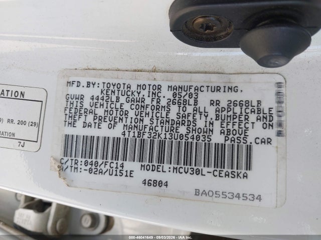 46041649 :رقم المزاد ، 4T1BF32K13U054035 vin ، 2003 Toyota Camry Se V6 مزاد بيع
