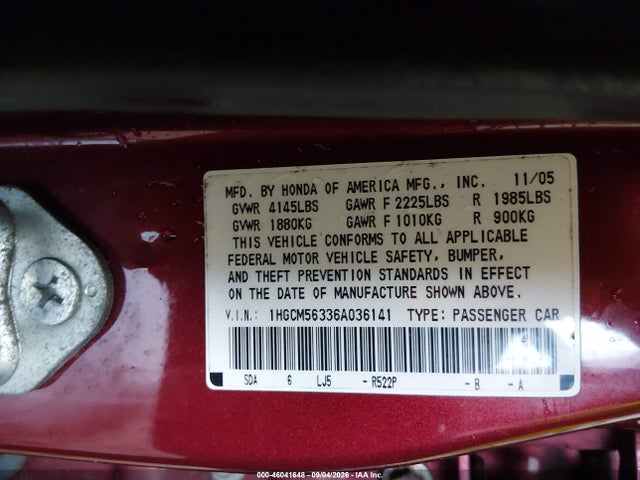 46041648 :رقم المزاد ، 1HGCM56336A036141 vin ، 2006 Honda Accord 2.4 Se مزاد بيع