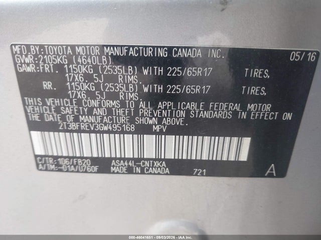 46041651 :رقم المزاد ، 2T3BFREV3GW495168 vin ، 2016 Toyota Rav4 Le مزاد بيع