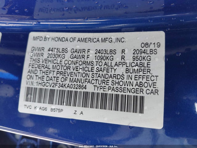 46041652 :رقم المزاد ، 1HGCV2F34KA032864 vin ، 2019 Honda Accord Sport 2.0t مزاد بيع