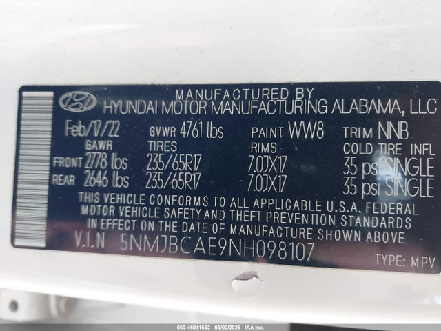 5NMJBCAE9NH098107 Hyundai TUCSON SEL