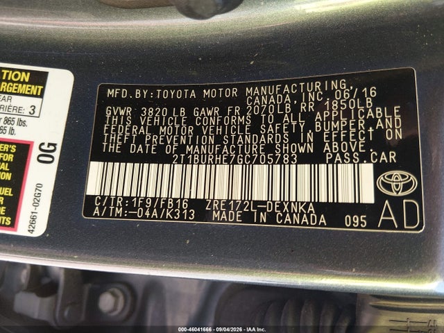 Aukcja sprzedaży 2016 Toyota Corolla Le, vin: 2T1BURHE7GC705783, numer aukcji: 46041666