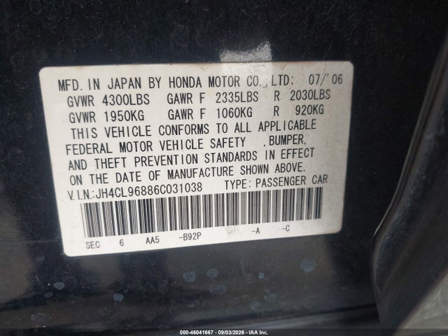 46041667 :رقم المزاد ، JH4CL96886C031038 vin ، 2006 Acura Tsx مزاد بيع