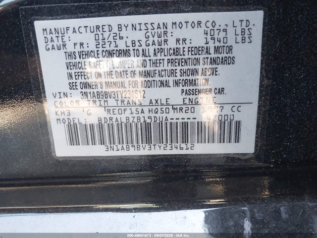 2026 Nissan Sentra S მანქანა იყიდება აუქციონზე, vin: 3N1AB9BV3TY234612, აუქციონის ნომერი: 46041673