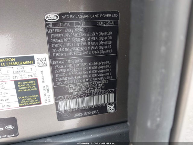 46041677 :رقم المزاد ، SALWR2RV6JA808237 vin ، 2018 Land Rover Range Rover Sport Hse مزاد بيع