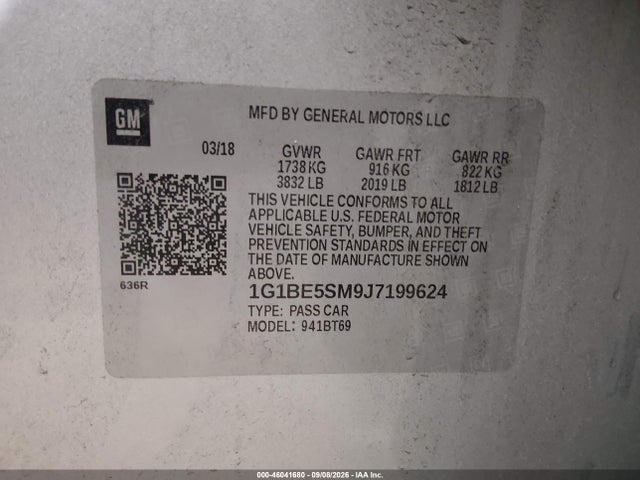 46041680 :رقم المزاد ، 1G1BE5SM9J7199624 vin ، 2018 Chevrolet Cruze Lt Auto مزاد بيع