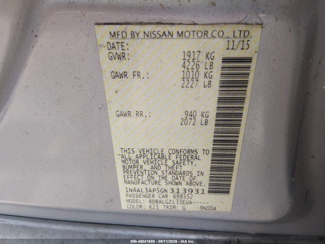 46041688 :رقم المزاد ، 1N4AL3AP5GN313931 vin ، 2016 Nissan Altima مزاد بيع
