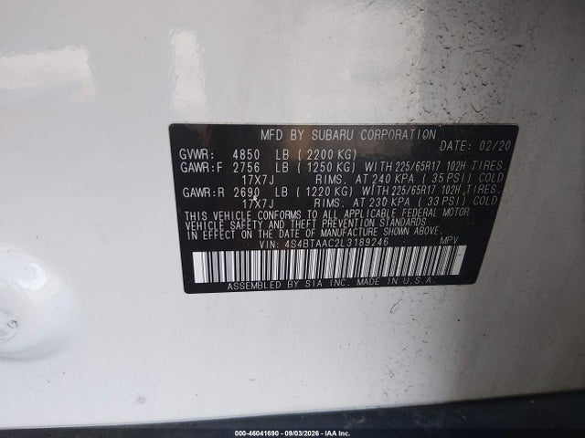2020 Subaru Outback მანქანა იყიდება აუქციონზე, vin: 4S4BTAAC2L3189246, აუქციონის ნომერი: 46041690