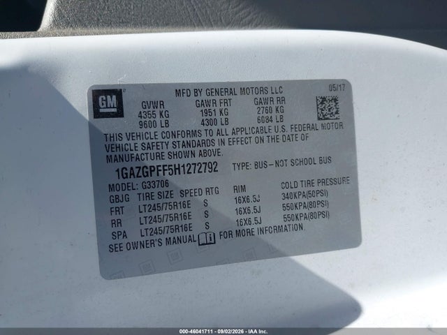 46041711 :رقم المزاد ، 1GAZGPFF5H1272792 vin ، 2017 Chevrolet Express 3500 Lt مزاد بيع