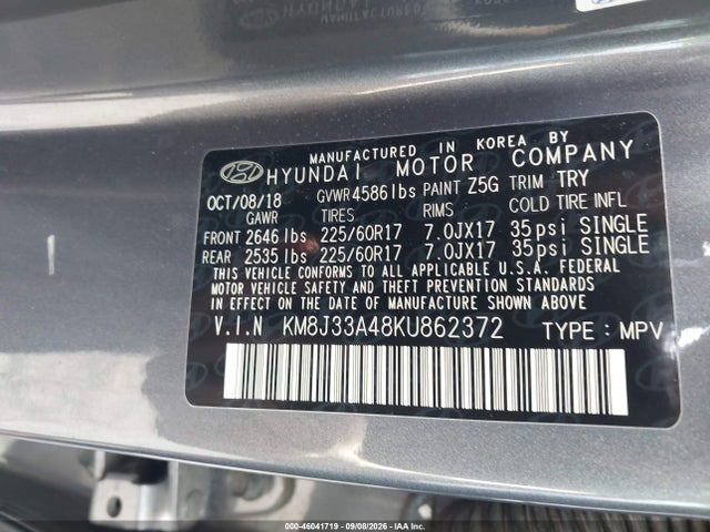 Auction sale of the 2019 Hyundai Tucson Value, vin: KM8J33A48KU862372, lot number: 46041719