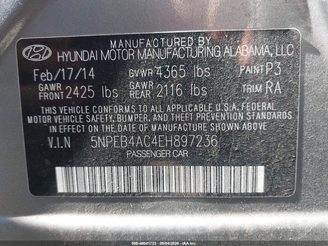 Aukcja sprzedaży 2014 Hyundai Sonata Gls, vin: 5NPEB4AC4EH897236, numer aukcji: 46041723