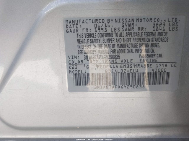 Продажа на аукционе авто 2016 Nissan Sentra S, vin: 3N1AB7APXGY290835, номер лота: 46041751