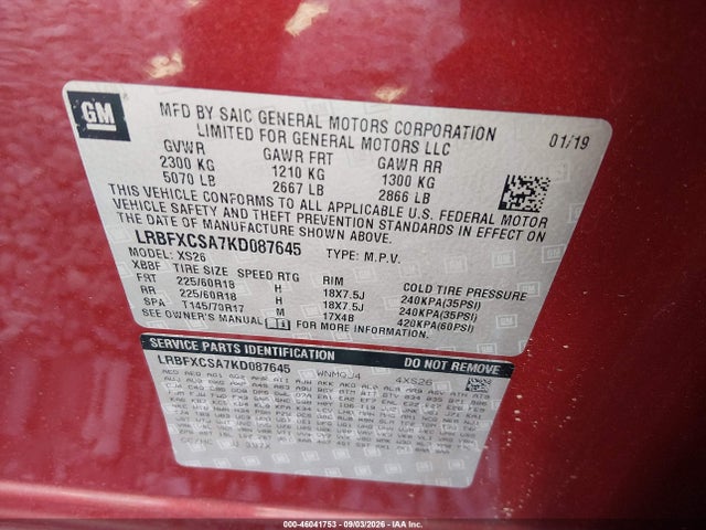 46041753 :رقم المزاد ، LRBFXCSA7KD087645 vin ، 2019 Buick Envision Fwd Essence مزاد بيع